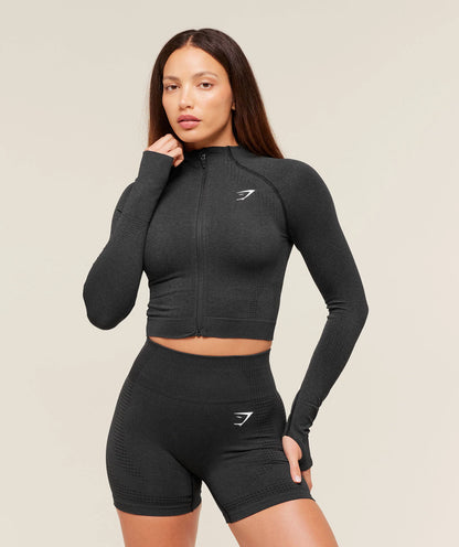 Gymshark Vital Seamless Midi Zip 2.0 Pullover - Black Marl